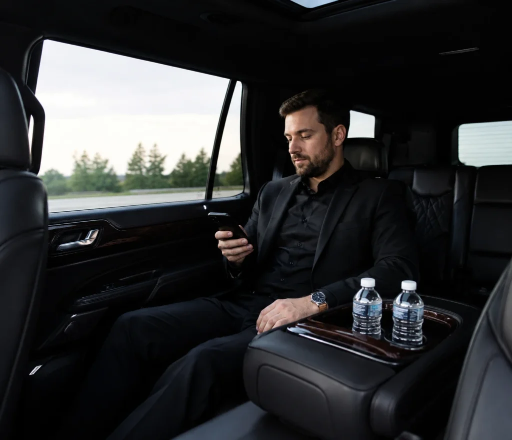 Premium luxury limousine interior during Sudbury airport transfer