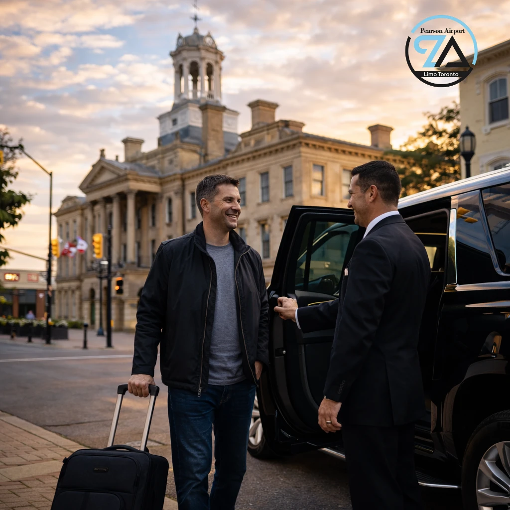 cobourg-airport-limo-stress-free-travel Luxury airport limo service in downtown Cobourg Ontario with chauffeur and SUV