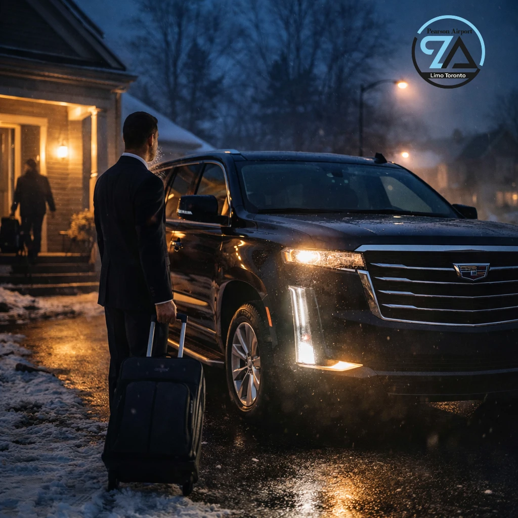 cobourg-airport-limo-winter-early-morning Luxury airport limo in Cobourg during winter early morning with chauffeur ready for pickup