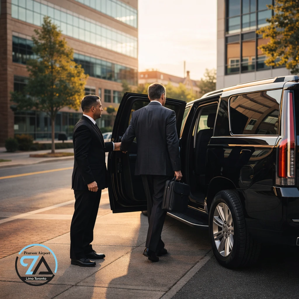 Corporate airport limo service from Lindsay to Toronto Pearson Airport with executive entering luxury SUV