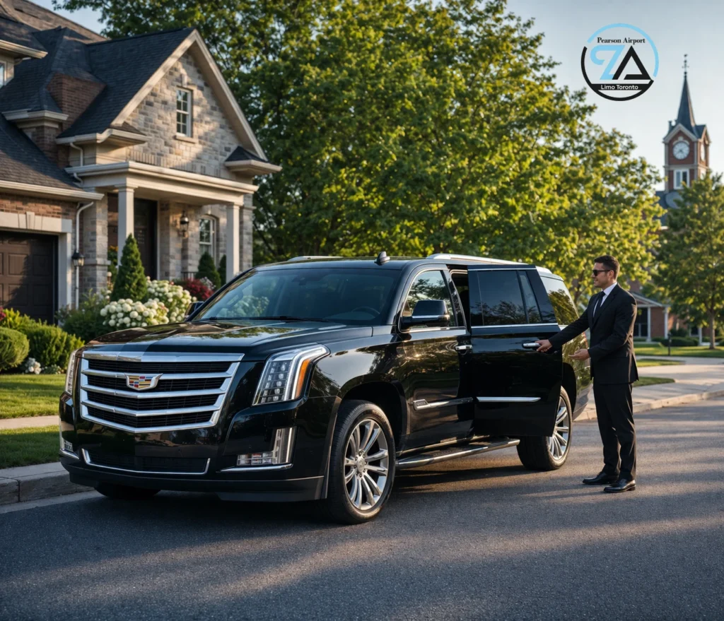 Professional chauffeur providing home pickup airport limo service in Lindsay Ontario with luxury SUV