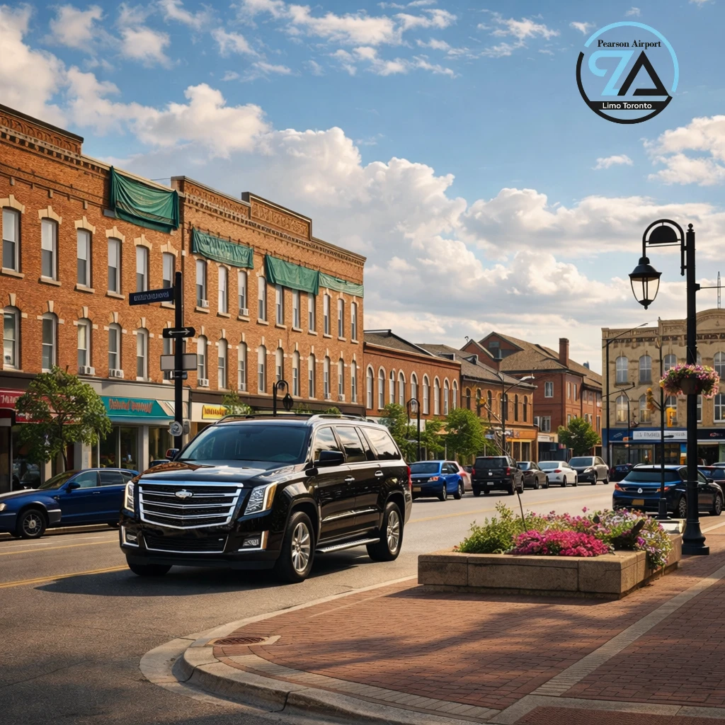 Luxury airport limo driving through downtown Lindsay Ontario for a smooth transfer to Toronto Pearson Airport