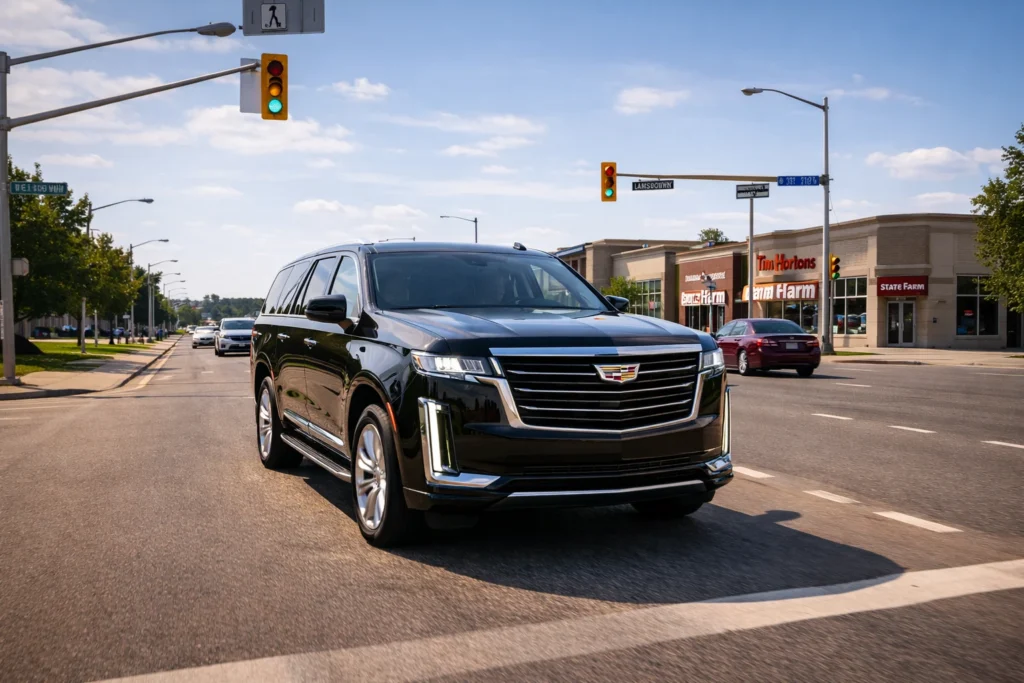 woodbridge-luxury-suv-driving-commercial-area